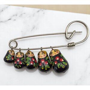 Vintage Safety Pin Brooch With Wooden Russian Matryoshka Nesting Doll Family